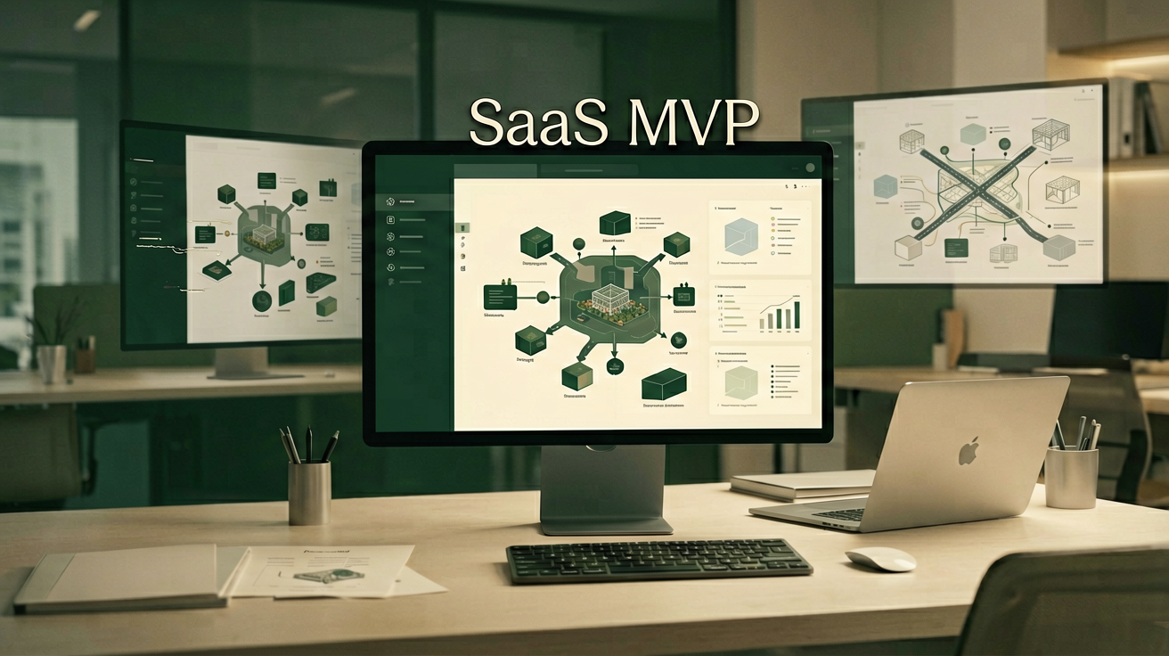 Abstrakte Planung eines SaaS MVP mit Produktstrategie und Softwarearchitektur