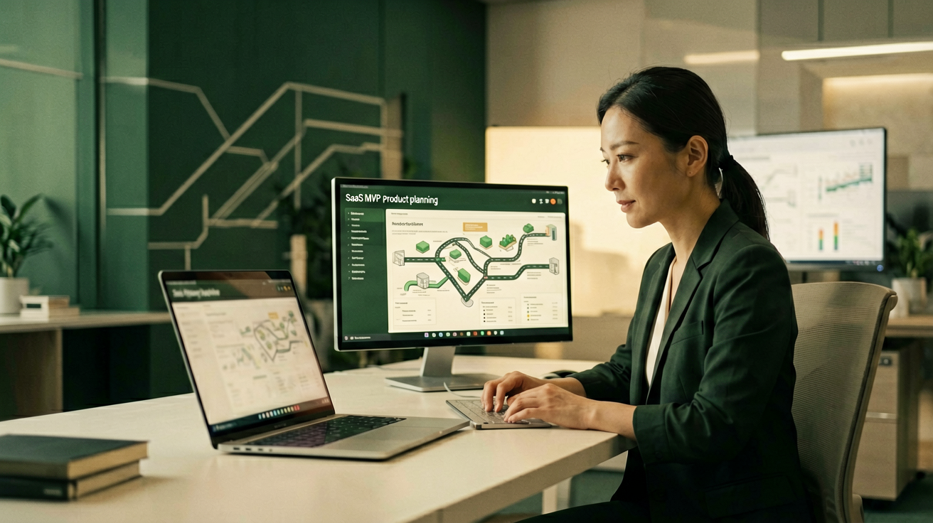Abstrakte Planung eines SaaS MVP mit Produktstrategie und Softwarearchitektur