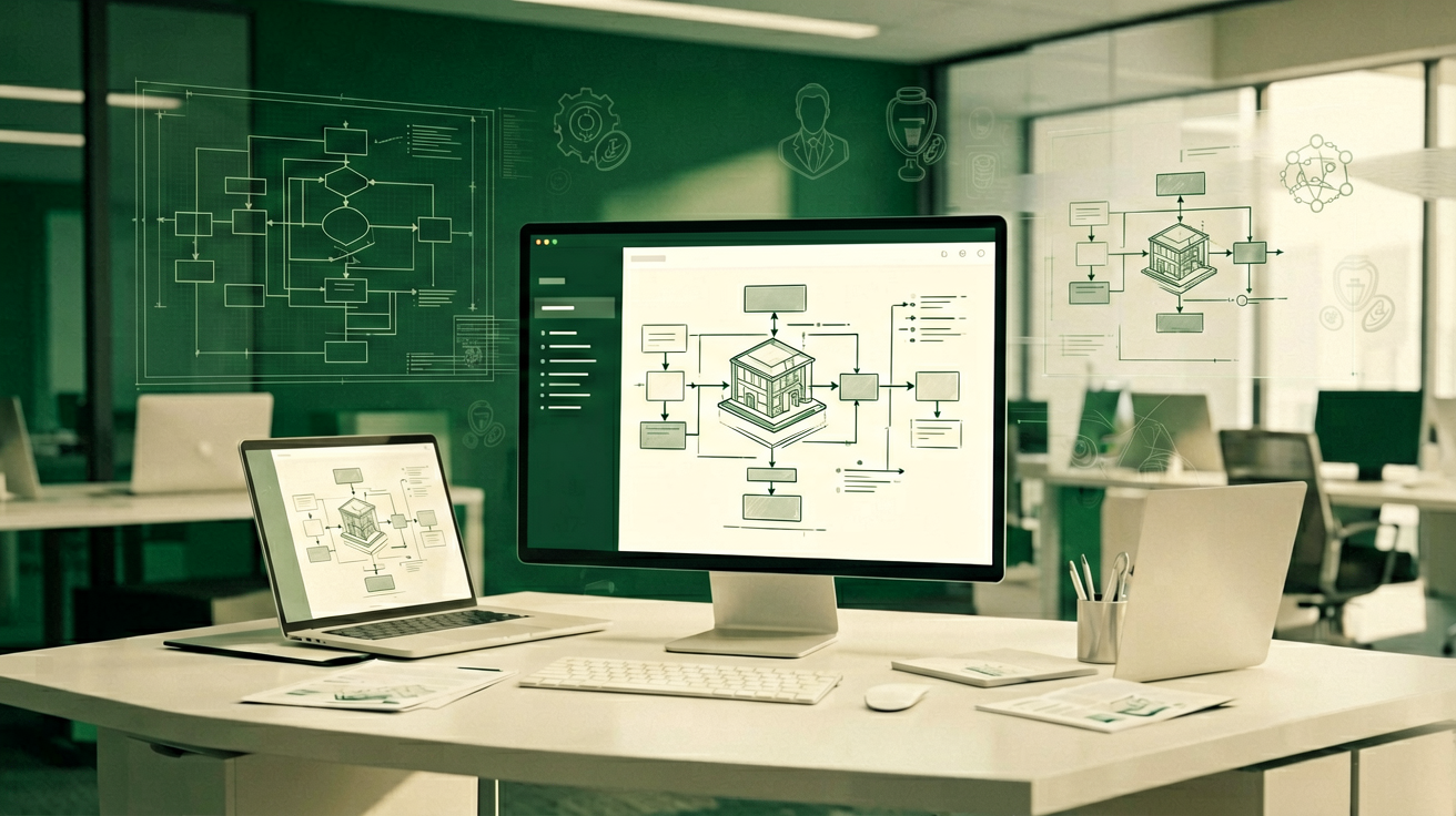 Konzeption und Planung eines Softwareprojekts auf einem Schreibtisch mit medizinischen Symbolen im Hintergrund