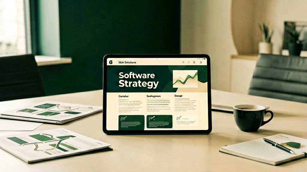 Ein elegantes, modernes Büro- oder Meeting-Setting mit einem Tablet, das eine Web-App-Oberfläche anzeigt, umgeben von geschäftlichen Dokumenten und Kaffeetassen. Die Farbpalette ist dunkelgrün und warmes Creme, passend zur Ästhetik einer Premium-Software-Agentur.