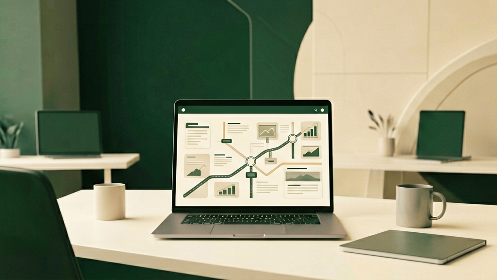 Eine Person sitzt vor zwei Bildschirmen, auf denen verschiedene digitale Oberflächen dargestellt sind, symbolisierend die Wahl zwischen Web-App und Website.